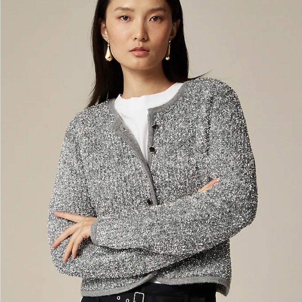 New with Tags- J Crew sweater lady jacket in silver tinsel yarn size XXS